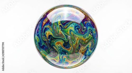 Close up of a colorful soap bubble with abstract patterns reflected inside