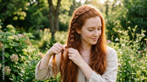 Young woman braiding her long red hair in a garden on a sunny day