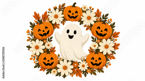 Festive halloween vector illustration featuring a friendly ghost surrounded by autumn leaves and jack o lanterns