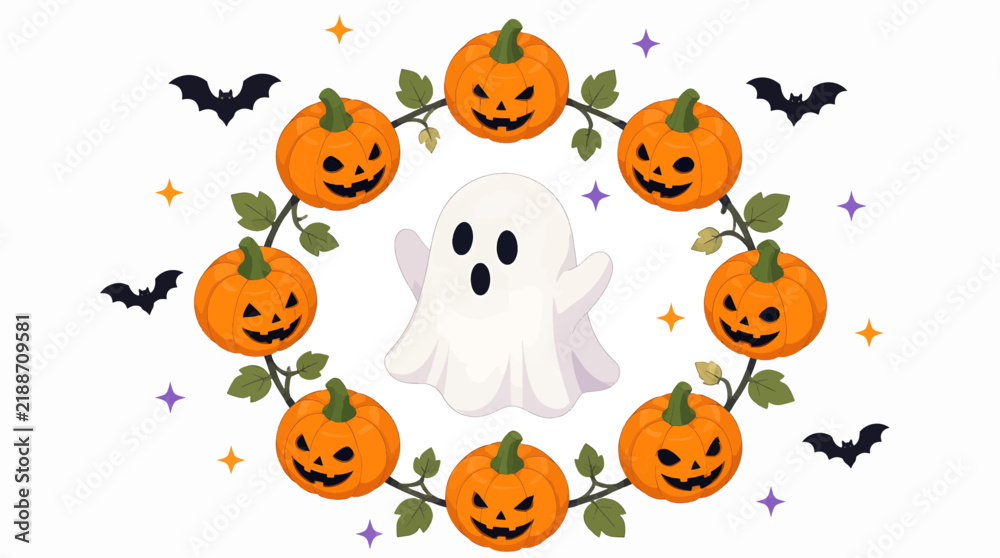 Obraz premium Festive halloween celebration with cute ghost and smiling pumpkins in a spooky vector design