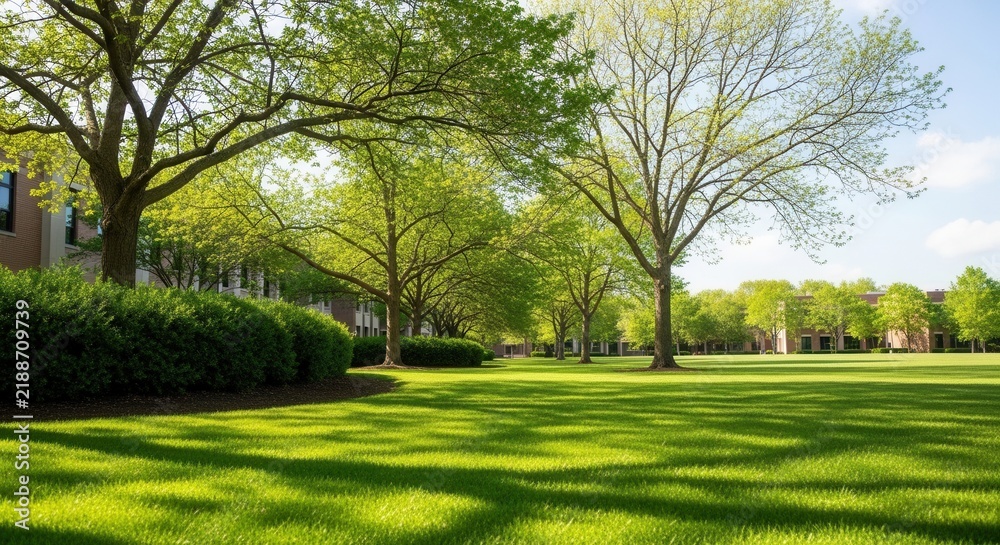 Obraz premium Vibrant Green Campus Quad With Mature Trees And Buildings