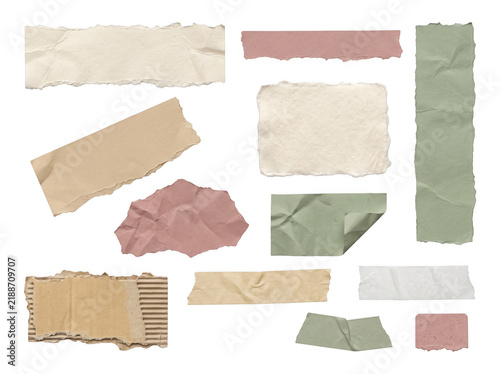 Selection of wrinkled paper shapes and tape strips in earth tones for organic handmade graphic design projects and web decoration