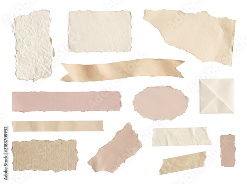 Assorted cream and blush paper elements including banner shapes and oval labels for wedding invitations and elegant scrapbooking