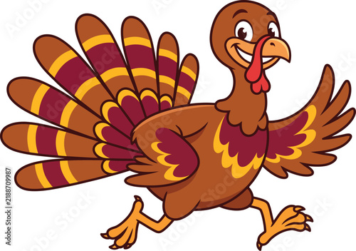 Cartoon turkey running with spread feathers thanksgiving holiday illustration isolated on transparent background
