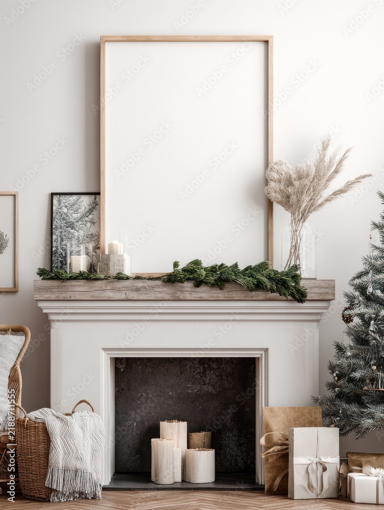 Obraz premium Cozy winter fireplace decor scene.