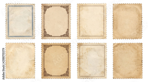 Blank vintage postage stamps set with decorative borders and aged paper textures for retro scrapbooking and postcard designs