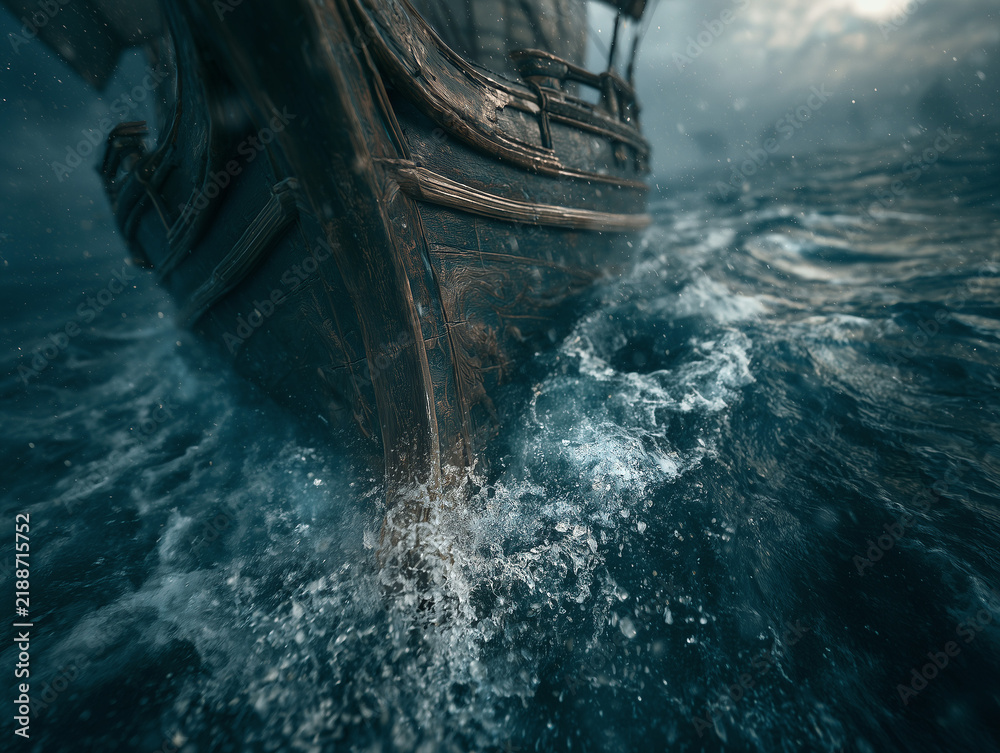 Obraz premium Wooden Ship Bow Cutting Through Rough Ocean Waves