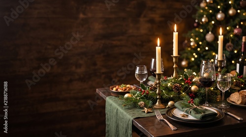 Elegant Christmas Dinner Table Setting with Candles and Decorated Tree in Background