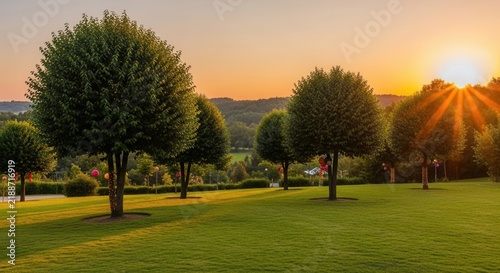 Serene Landscape at Golden Hour With Perfectly Manicured Trees