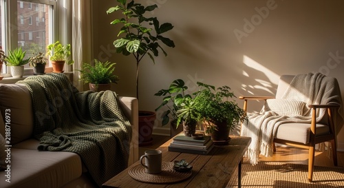 Serene Living Room Abloom With Indoor Plants Bathed In Golden Sunlight