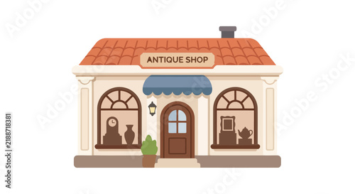 A quaint antique shop building features a terracotta roof and arched windows on a white background