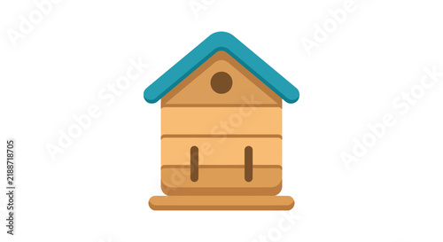 A stylized beehive illustration features a teal roof and wooden body on a white background