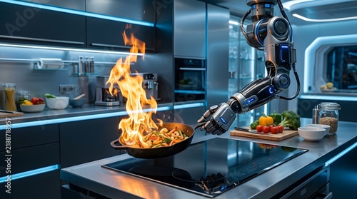 Advanced robotic arm cooking food in a modern high tech kitchen with flames in a frying pan