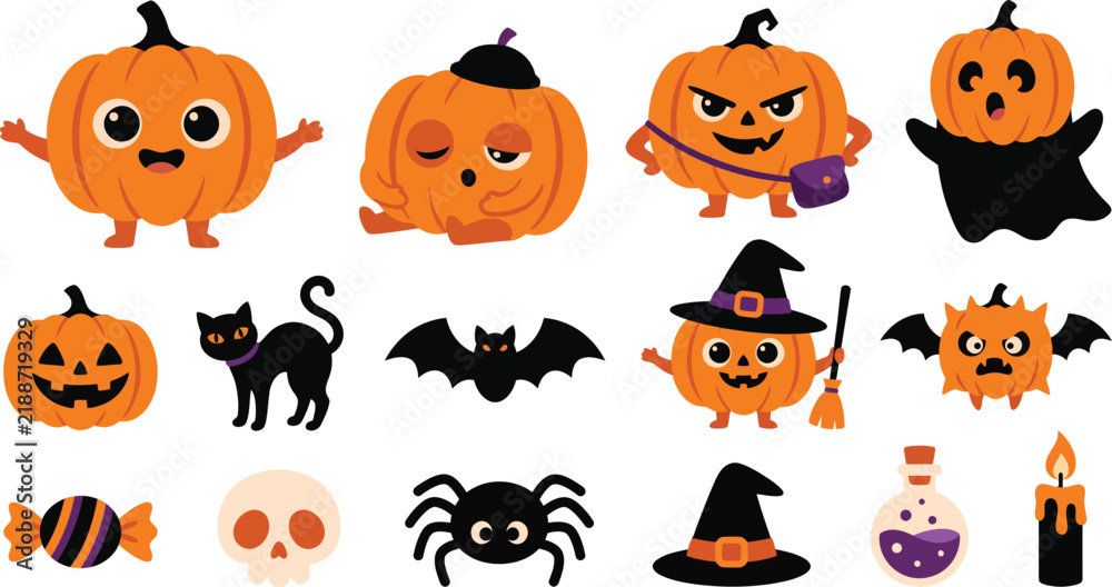 Fototapeta premium A collection of cute cartoon halloween elements featuring pumpkins cats bats spiders and spooky decorations on a white background