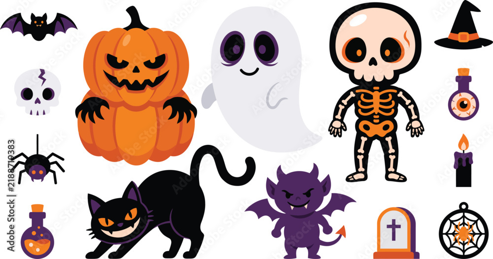 Fototapeta premium A collection of cute cartoon halloween icons featuring a pumpkin ghost skeleton black cat and other spooky holiday themed elements