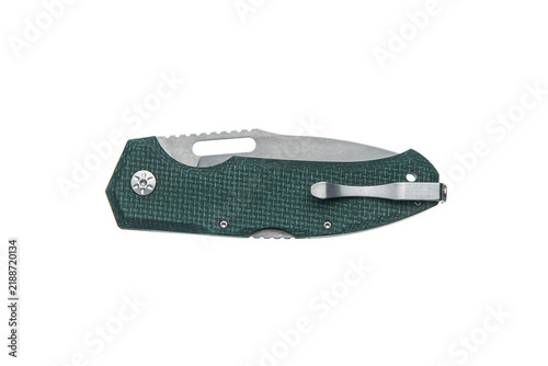 Canvastavla Closed green folding pocket knife with pocket clip isolated on white back