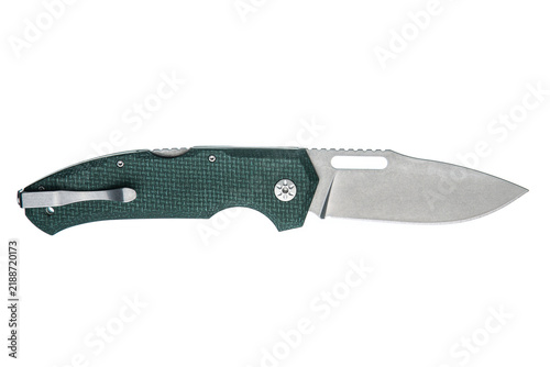 Foto Green folding pocket knife with steel blade isolated on white back