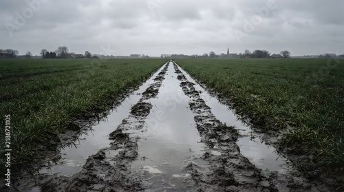 Muddy farm field with water filled tire tracks under overcast sky stretching toward horizon.