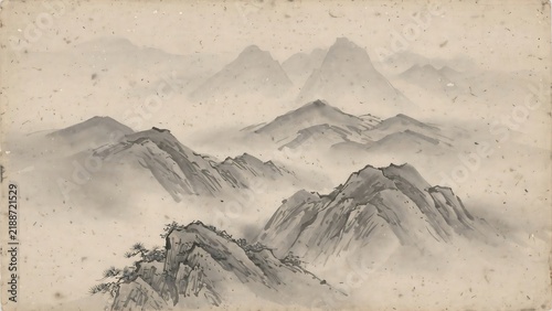 Traditional ink wash painting of misty mountains and peaks in a monochrome landscape style