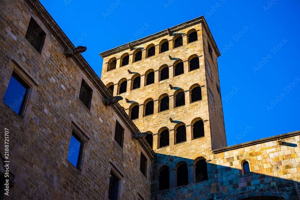 Fototapeta premium Gargoyles and arches on historic stone buildings