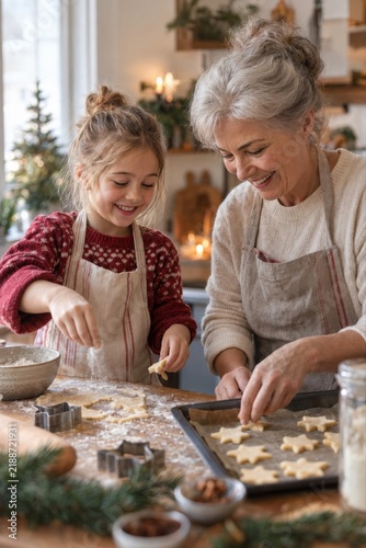 Großmutter und Enkelin backen gemeinsam sternförmige Weihnachtsplätzchen. Die helle Küche und liebevolle Zusammenarbeit vermitteln gemütliche Familienzeit im Advent.