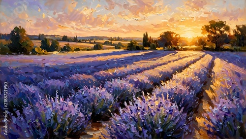 Impasto oil painting of a blooming lavender field under a warm golden sunset sky