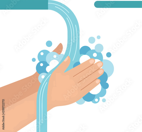 vector illustration of hands being washed under running water with soap bubbles for hygiene and health concept