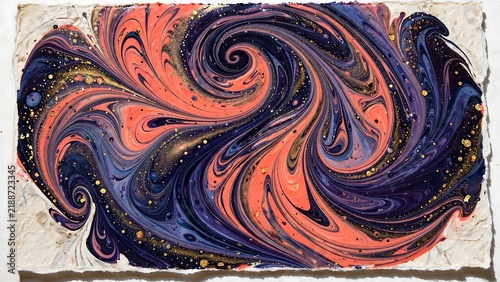 Fluid Art Abstract Painting with Swirling Purple and Orange Ink and Gold Glitter