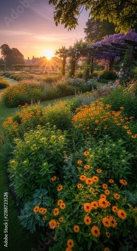Serene Garden Landscape At Golden Hour With Blooming Flowers And Majestic Sunrise
