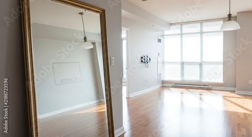 Modern apartment interior with large gold framed floor mirror.