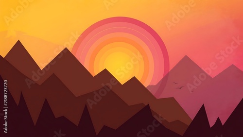 Abstract Sunset Landscape with Layered Mountains and Colorful Sun