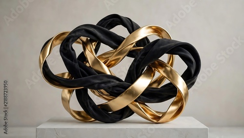 Modern abstract art sculpture featuring interwoven gold metallic and black velvet ribbons on a white pedestal