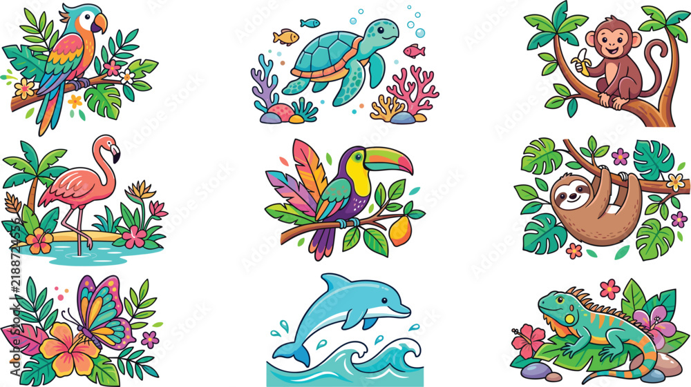 Obraz premium Cute Tropical Animal Vector Illustration Set Featuring Parrot Turtle Monkey Flamingo Toucan Sloth Butterfly Dolphin and Iguana for Graphic Designs