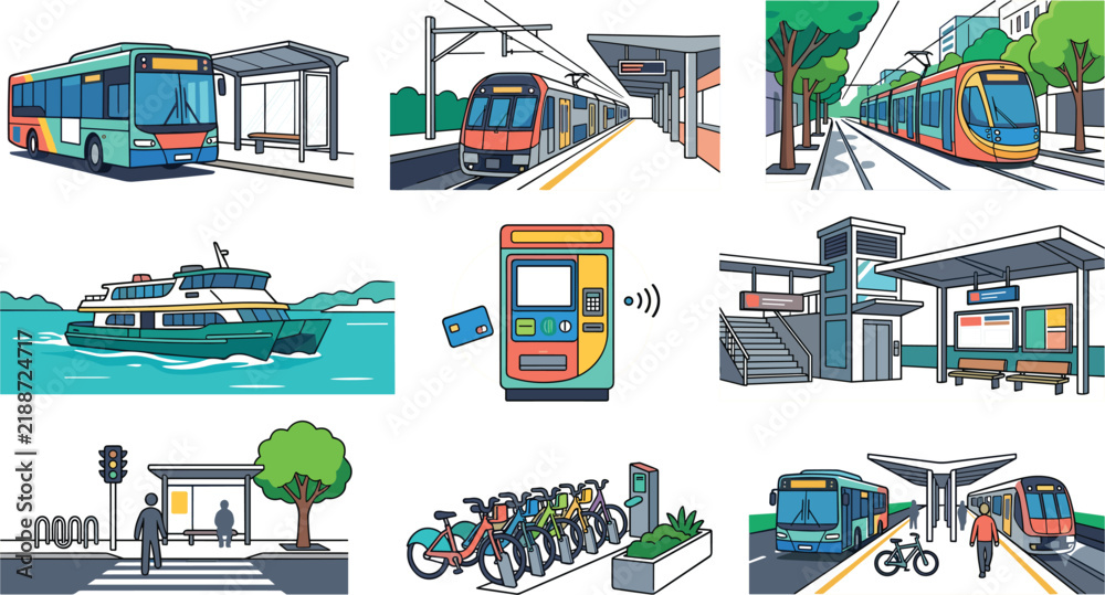 Naklejka premium Comprehensive Urban Public Transit Vector Illustration Set Featuring Bus Train Ferry Light Rail and Bike Share Stations for City Mobility Designs