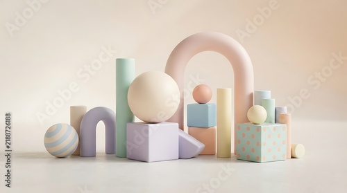Abstract composition of pastel colored geometric shapes on a soft background
