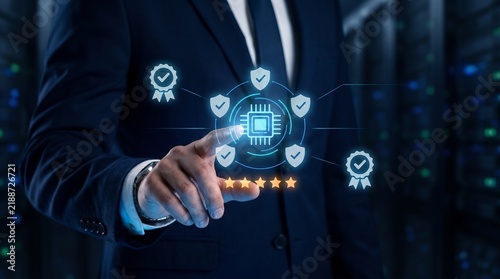 Professional worker touching ai powered digital interface with security certification icons, cyber security, ai, data protection management system security certification compliance protection verified