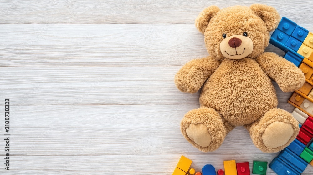 Obraz premium Colorful educational toys for children arranged in a flat lay design with a teddy bear and blocks for learning and creativity