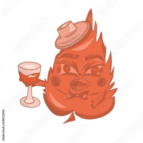 Konstfotografi Whimsical hand drawn anthropomorphic red leaf character wearing a fedora hat and holding a glass of red wine