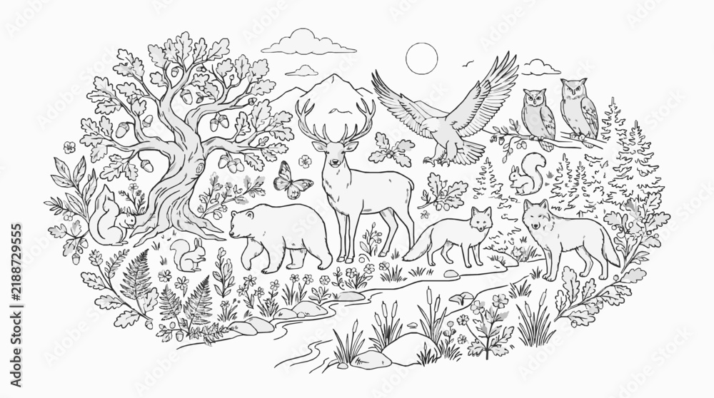 Obraz premium Black and white line art illustration of various forest animals in nature with Detailed vector outline drawing