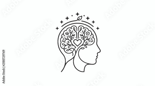 Human head profile illustration featuring tree branches and heart shape inside mind area with stars with illustration
