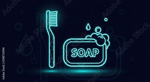 Neon Toothbrush And Soap Bubbles For Dental Hygiene