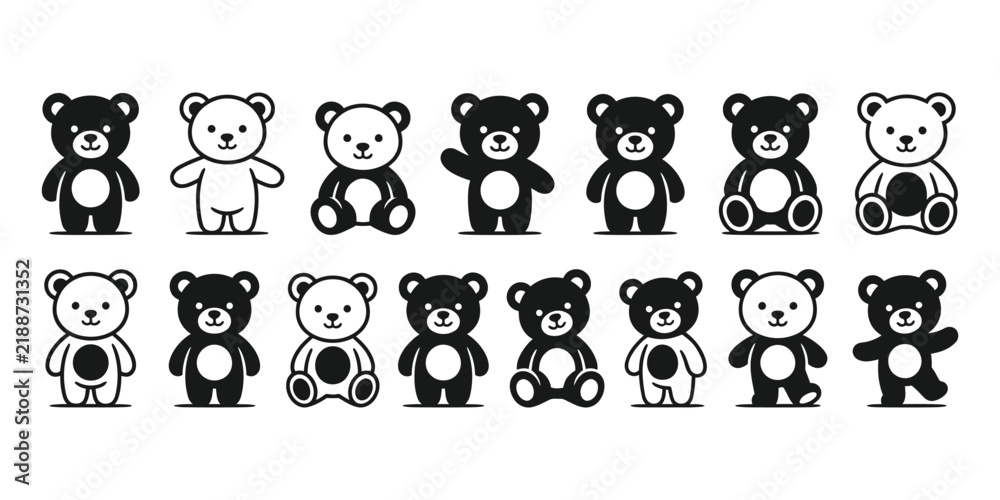 Fototapeta premium Teddy bear icon set featuring various black and white bear illustrations for baby products, toy branding, and children design projects.