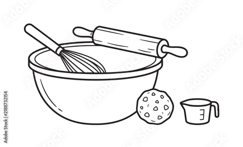 Cute baking bowl and rolling pin coloring page vector line art