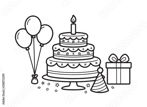 Cute birthday cake coloring page with balloons vector line art