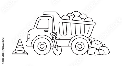 Cute dump truck construction vehicle coloring page vector line art