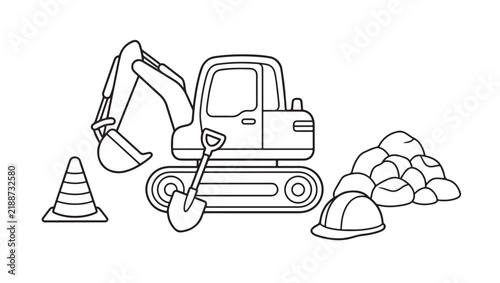 Cute excavator construction vehicle coloring page vector line art