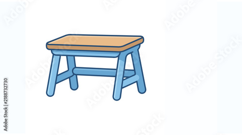 A wooden stool with blue legs is depicted in a colorful vector illustration style
