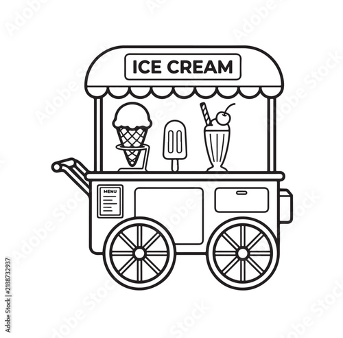 Cute ice cream cart coloring page vector line art