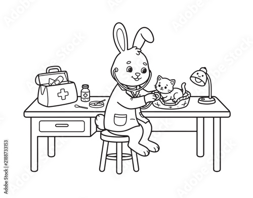 Cute rabbit veterinarian coloring page vector line art