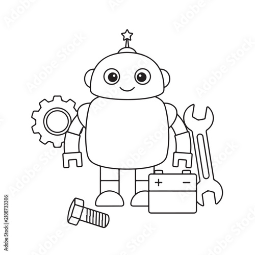 Cute robot coloring page with gear and wrench vector line art